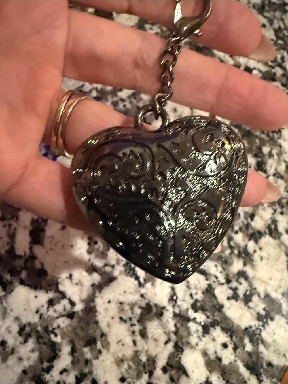 Source Unknown Black Heart Locket Keychain or bag charm with Floral Engraving